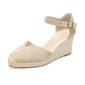 Tonivis Women's Leather Beige Ankle Strap Wedge Espadrilles Size 7.5